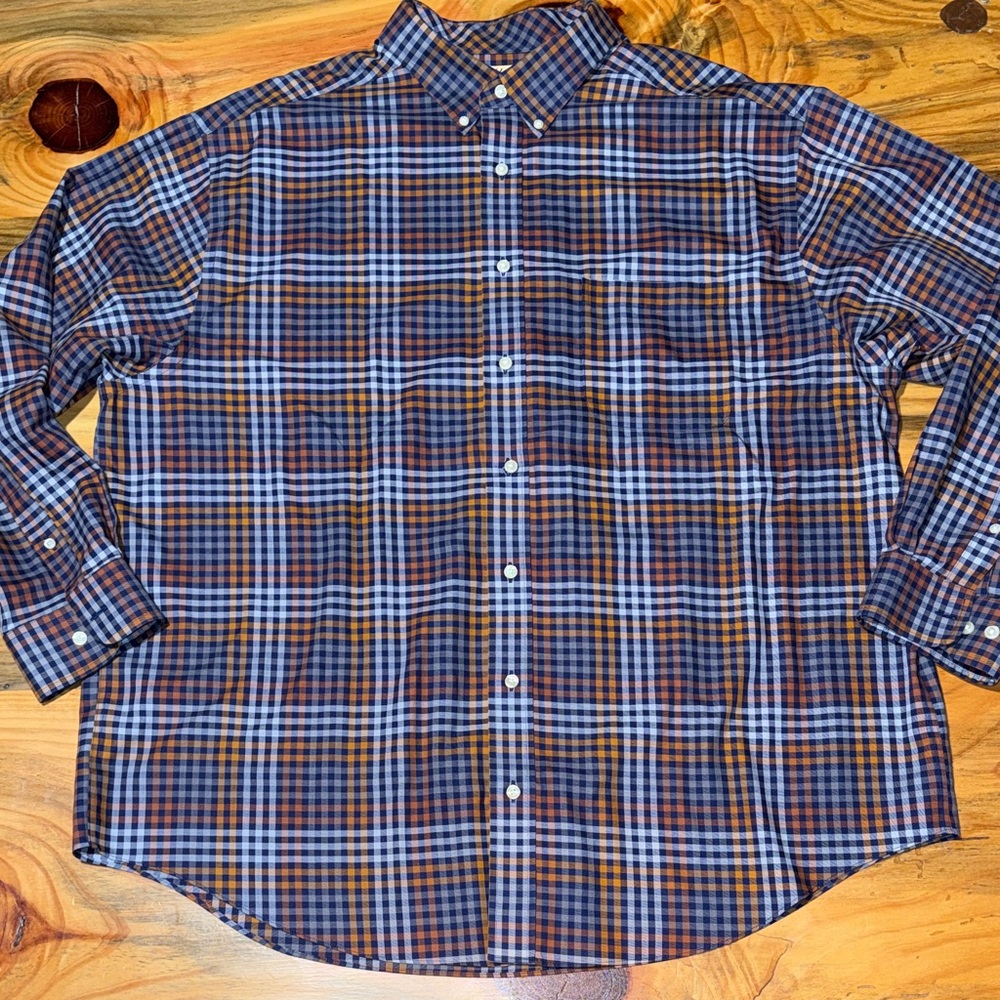 Roundtree & Yorke Men's Plaid Button-Down Shirt in Blue & Brown, Like New, 2XB - Picture 4 of 5
